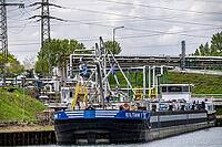 Ruhröl refinery, BP Gelsenkirchen, now BP Refining & Petrochemicals GmbH, tanks and plant in Gelsenkirchen-Horst, on the Rhine-Herne Canal, tanker ship, Gelsenkirchen, North Rhine-Westphalia, Germany [IBR113137577]