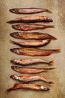 Cold smoked capelin, on the table, top view, no people [IBR124552173]