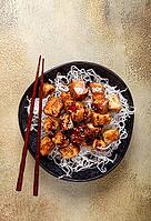 Fried eggplant, with funchosa noodles, with teriyaki sauce and sesame seeds, homemade, no people [IBR124552202]