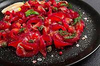 Salmon gravlax with beetroot, Scandinavian snack, beet gravlax, lightly salted fish, homemade, no people [IBR124552214]
