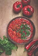 Chashushuli, a traditional Georgian dish, spicy, stewed meat with tomatoes and spices, homemade, no people [IBR124552222]