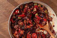 Pan with Sicilian caponata, vegetable stew, Italian cuisine, homemade, no people [IBR124552232]