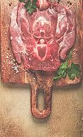 Raw steak, veal neck on the bone, fresh meat, on a cutting board, with spices, top view, without people [IBR124552236]