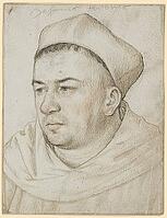 Portrait of the Dominican prior Dr Johann Faber, an influential Dominican prior and preacher in Augsburg at the time of the Reformation, detailed sketch showing the clergyman in a contemplative moment, dressed in his traditional habit with headdress, auth [IBR124563470]