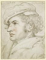 Portrait of Adolf Dischmacher (1512-15), detailed pencil and red chalk drawing of a man in profile with curly hair and a soft cap, authentic reproduction of a work of art, painting, drawing by Hans Holbein the Elder (born 1465 in Augsburg, died 1524 in Ba [IBR124563471]