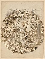 The Beheading of St Catherine, scene depicts the martyrdom of St Catherine kneeling in prayer while an executioner strikes a blow. The broken wheel can be seen in the background, a typical attribute of her legend, authentic reproduction of a work of art,  [IBR124563477]