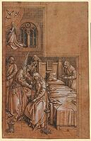 Picture shows a representation of the death of Mary, a drawing depicting a religious scene at the deathbed of the Virgin Mary, authentic reproduction of a work of art, painting, drawing by Hans Holbein the Elder (born 1465 in Augsburg, died 1524 in Basel  [IBR124563478]