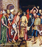 Ecce Homo scene from the Frankfurt Dominican altar, depiction shows Christ in front of Pilate and is often interpreted as part of an aggressive pictorial propaganda against the Jewish population in Frankfurt, authentic reproduction of a work of art, paint [IBR124563480]