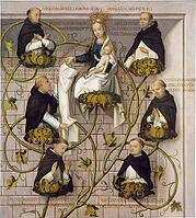 Picture shows the upper part of the family tree of the Dominicans from the Frankfurt Dominican altar, depicting important figures of the Dominican order growing from a tree of life, with the Virgin Mary and the infant Jesus in the centre, authentic reprod [IBR124563487]