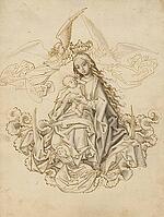 Picture shows Mary on the crescent moon, crowned by two angels, depicts the Virgin Mary surrounded and crowned by angels, symbolising her position as Queen of Heaven. The crescent moon beneath her feet is a traditional attribute often associated with the  [IBR124563489]