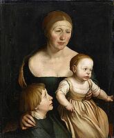 Portrait of the Artist's Wife with the Two Eldest Children (ca. 1528-1529) by Hans Holbein is an important work of the German Renaissance, which is kept in the art museum Basel. It shows Elsbeth Holbein with Philipp and Katherina, painted shortly after Ho [IBR124563493]