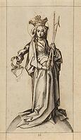 Picture shows St Ursula, she is depicted as a king's daughter with a crown, traditionally holding arrows as her attributes, authentic reproduction of a work of art, painting, drawing by Hans Holbein the Elder (born 1465 in Augsburg, died 1524 in Basel or  [IBR124563500]