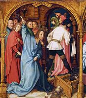 Picture shows the scene of the cleansing of the temple, in which Jesus Christ drives moneychangers out of the temple with a whip, authentic reproduction of a work of art, painting, drawing by Hans Holbein the Elder (born 1465 in Augsburg, died 1524 in Bas [IBR124563502]