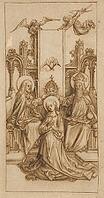 The coronation of the Virgin Mary by the Trinity. Mary kneels in the centre, while God the Father (right) and Jesus Christ (left) place the crown on her head together. Above her hovers the Holy Spirit in the form of a dove, authentic reproduction of a wor [IBR124563503]
