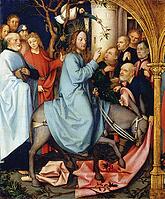 Picture shows the entry of Christ into Jerusalem, an important event in Christian iconography, the scene illustrates the biblical account in which Jesus enters Jerusalem on a donkey and is welcomed by the crowd, authentic reproduction of a work of art, pa [IBR124563505]