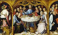 The Last Supper, created in 1501, is the central panel of the predella of the Frankfurt Dominican altar, painting shows Jesus Christ in the circle of his twelve apostles at their last meal together. Christ is seated in the centre, while the apostles are g [IBR124563507]