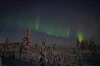 Northern Lights (Aurora borealis) over moonlit winter landscape, Nattavaara, Norrbotten, Lapland, Sweden, November 2023 [IBR124563547]