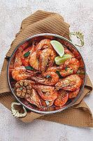 Fried tiger prawns, with spices, homemade, top view [IBR124585342]