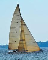 Sailboat on water with sails up during a competition, moving fast, broager, denmark [IBR124586569]