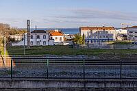 Creative abstract composition featuring a distorted urban scene in Lisbon, Portugal. Glitch-style visual effect blends architectural elements, sky, and ground textures into a surreal, fragmented image with modern artistic appeal [IBR124586622]