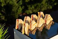 A variety of mini sandwiches neatly arranged on a reflective surface, capturing the essence of a fresh outdoor snack. perfect for parties or casual gatherings [IBR124626879]