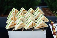 A neatly arranged platter of fresh garden sandwiches featuring green lettuce and creamy filling. perfect for party catering, this display essence of freshness and flavor [IBR124626888]