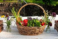 A wicker basket filled with a vibrant assortment of garden vegetables, including carrots and tomatoes, placed on a lace-covered table. surrounding are small vases with wildflowers, creating a rustic setting [IBR124626892]