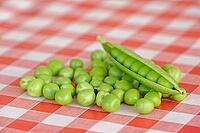 Peas (Pisum sativum) on a tablecloth, Loureira, Leiria district, Centro region, Portugal [IBR124629041]