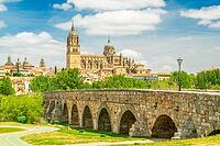 Cathedral of Salamanca, Green Trees and Roman Bridge on Sunny Day. Blue Sky with Clouds. Old Town, Spain [IBR124629121]