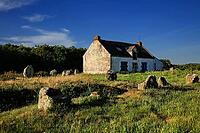 This atmospheric picture shows the famous stone rows of Carnac in Brittany. Numerous Neolithic menhirs rise from the grass and lead the eye to a characteristic stone house. The low sun bathes the scene in golden light and accentuates the rough granite tex [IBR124629129]