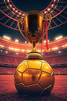 Golden soccer trophy inside a stadium, AI generated [IBR124629133]