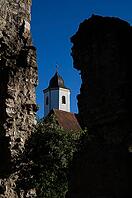 Gate and kennel of the castle ruins of Hofen Castle, behind it St. Barbara Church from 1783, Mühlhausen am Neckar district, Stuttgart, Baden-Württemberg, Germany [IBR124636271]