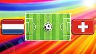 A vibrant football match graphic featuring a central green pitch with a ball, framed by Netherlands and Switzerland flags. Radiant rainbow streaks add motion and intensity, capturing global rivalry, team pride, and the thrill of international soccer compe [IBR124641982]