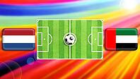 A striking football match graphic featuring a central green pitch with a ball, flanked by Netherlands and United Arab Emirates flags. Radiant rainbow streaks enhance motion and intensity, symbolizing global rivalry, national pride, and international socce [IBR124641983]