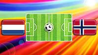 A vibrant football matchup graphic featuring a central green pitch with a ball, flanked by Netherlands and Norway flags. A radiant multicolor background amplifies the sense of motion, rivalry, and global sporting excitement. created using generative AI to [IBR124641984]