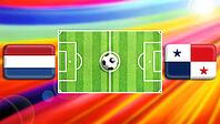 A vibrant football matchup graphic featuring a central green pitch with a ball, flanked by Netherlands and Panama flags. The radiant multicolor background enhances motion, rivalry, and the spirit of global football competition. created using generative AI [IBR124641985]
