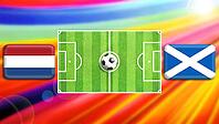 A vibrant football matchup graphic showcasing a central green pitch with a ball, flanked by Netherlands and Scotland flags. A radiant multicolor background adds motion, excitement, and a sense of global competition to this dynamic sports design. created u [IBR124641986]