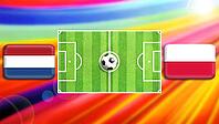 A vibrant football matchup graphic featuring a central green pitch with a ball, flanked by Netherlands and Poland flags. A radiant multicolor background enhances motion, rivalry, and the spirit of global football competition. created using generative AI t [IBR124641987]