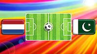 A vibrant football matchup graphic featuring a central green pitch with a ball, flanked by Netherlands and Pakistan flags. The radiant multicolor background enhances motion, rivalry, and the spirit of global football competition. created using generative  [IBR124641988]