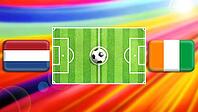 A vivid football showdown illustration with a central green pitch and ball, flanked by Netherlands and Ivory Coast flags. A radiant multicolor background adds motion and excitement, symbolizing global competition, energy, and team pride. created using gen [IBR124641992]