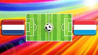 A vibrant football clash featuring a central green pitch and ball, flanked by Netherlands and Luxembourg flags. The radiant multicolor background conveys motion, excitement, and international rivalry in a bold, modern sports illustration. created using ge [IBR124641993]