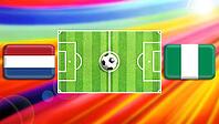 A vibrant football matchup graphic featuring a central green pitch with a ball, flanked by Netherlands and Nigeria flags. A radiant multicolor background enhances the sense of motion, competition, and global sporting excitement. created using generative A [IBR124641995]