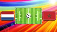 A striking football matchup illustration featuring a central green pitch and ball, with Netherlands and Morocco flags on either side. The radiant multicolor background adds motion, intensity, and global rivalry in a bold, modern sports design. created usi [IBR124641996]