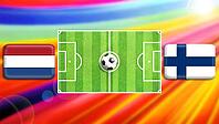 A vivid football showdown scene featuring a central green pitch with a ball at midfield, flanked by the Netherlands and Finland flags. The radiant multicolor background amplifies motion, energy, and the spirit of international competition and unity. creat [IBR124641998]