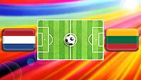 A vibrant football clash illustration featuring a central green pitch and ball, with Netherlands and Lithuania flags on either side. The radiant multicolor background adds motion, energy, and excitement, symbolizing international competition and team prid [IBR124641999]