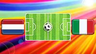 A vivid football matchup scene featuring a central green pitch with a ball at midfield, flanked by Netherlands and Italy flags. The radiant multicolor background conveys energy, motion, and international rivalry in a bold, modern sports illustration. crea [IBR124642000]