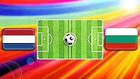 A vivid football showdown featuring a central green pitch with a ball at midfield, flanked by the Netherlands and Bulgaria flags. The radiant multicolor background heightens energy, symbolizing global competition, motion, and the passion of international  [IBR124642001]
