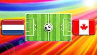 A vivid football showdown scene featuring a central green pitch with a ball at midfield, flanked by the Netherlands and Canada flags. The radiant multicolor background enhances motion, energy, and the excitement of global competition and sporting unity. c [IBR124642002]