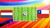 A vivid football faceoff featuring a central green pitch with a ball at midfield, flanked by the Netherlands and Chile flags. The radiant multicolor background enhances motion, energy, and the thrill of international competition and unity. created using g [IBR124642003]
