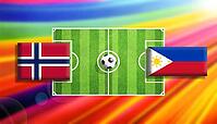 Vibrant football showdown illustration featuring Norway and Philippines flags flanking a lush green soccer pitch with a centered ball, set against a radiant rainbow gradient background, symbolizing global competition, motion, and energetic sporting spirit [IBR124642005]